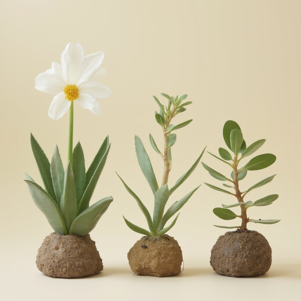 Porównanie różnych faz rozwojowych Lithops marmorata (Lithops marmorata). Kadr poziomy pokazujący roślinę w okresie kwitnienia z białym kwiatem, osobnik wypuszczający nowe liście oraz okaz w stanie spoczynku. Tło w odcieniach beżu.