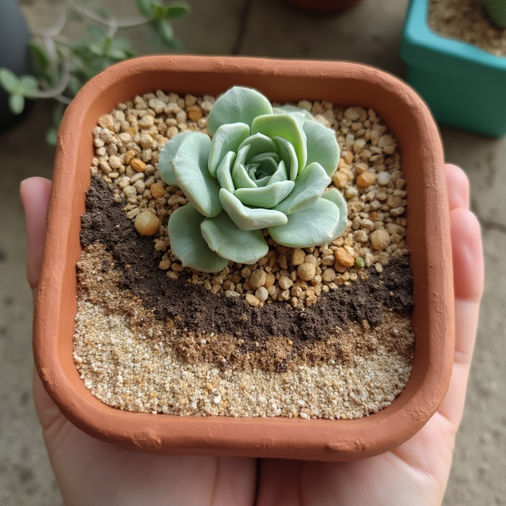 Doniczka terakotowa z Lithops marmorata (Lithops marmorata) posadzonym w mieszance żwiru i pumeksu. Widoczne drenażowe warstwy: keramzyt na dnie, gruboziarnisty piasek, mieszanka mineralna. Kadr z góry.