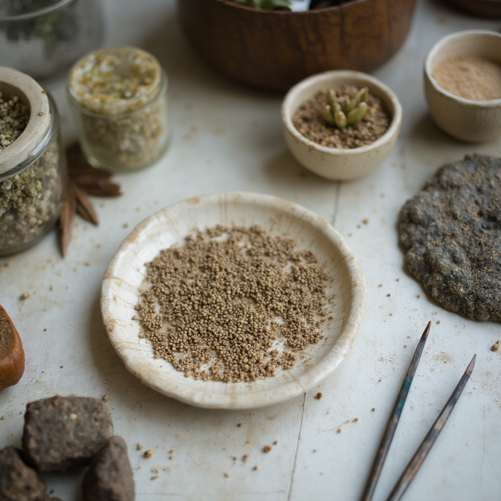 Blat z akcesoriami do rozmnażania Lithops marmorata (Lithops marmorata): płaskie naczynie z drobnymi nasionami, pinceta, kamienie do drenażu, podłoże mineralne. Kadr z perspektywy stołu.