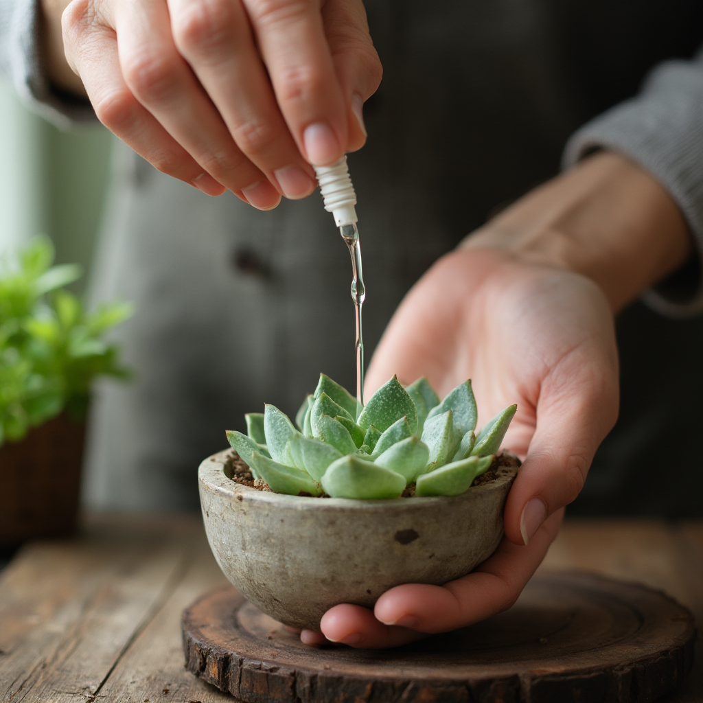 Ręka trzymająca pipetę nad doniczką z Lithops marmorata (Lithops marmorata), symboliczne pokazanie techniki podlewania. Kadr ukrywa dłoń za rękawem, skupiając się na precyzyjnym strumieniu wody.