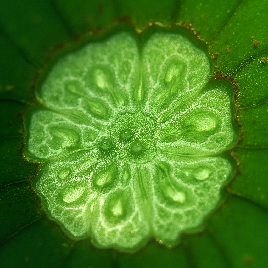 Makro zdjęcie liścia Lithops optica (Lithops optica) z widocznymi komórkami magazynującymi wodę. Kadr: przekrój poprzeczny liścia pod mikroskopem, oświetlenie boczne uwydatniające struktury komórkowe.