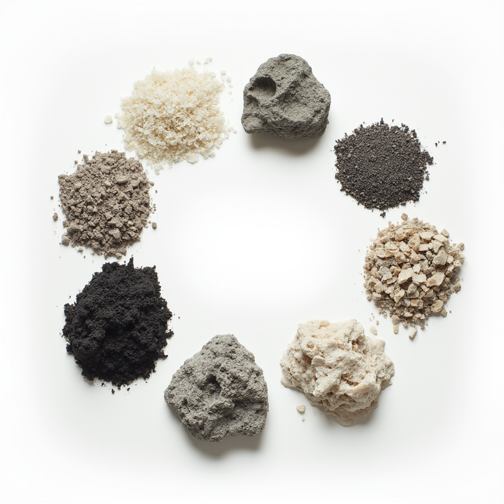 Składniki podłoża dla Lithops optica (Lithops optica) rozłożone na białym tle: grys, pumeks, zeolit, glina, węgiel drzewny. Kadr: widok z góry z podpisami poszczególnych komponentów.