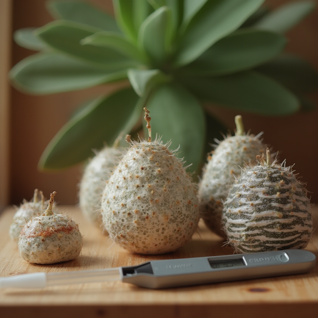 Narzędzia do pielęgnacji Lithops optica (Lithops optica): strzykawka, miernik wilgotności, pinceta. Kadr: kompozycja na drewnianym tle z rośliną w tle.