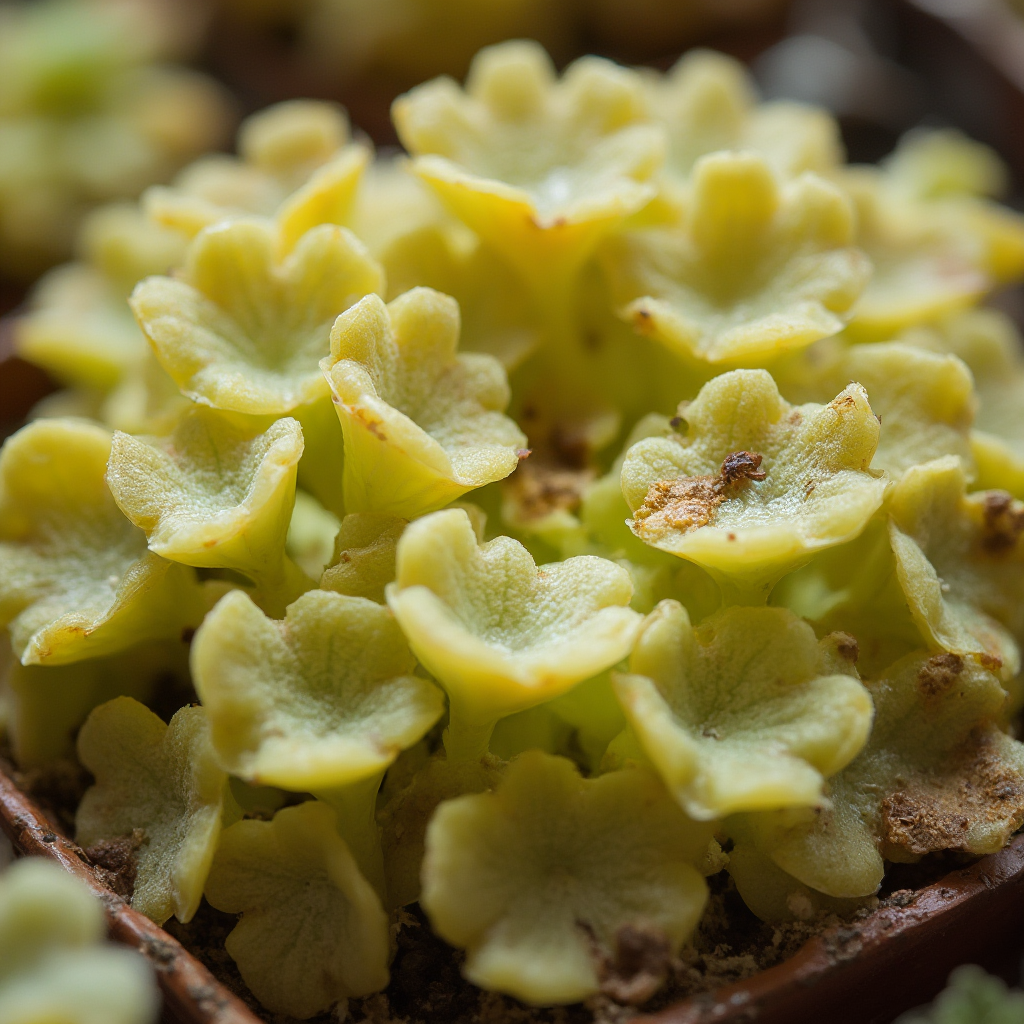 Chore Lithops optica (Lithops optica) z objawami przelania. Kadr: zbliżenie na zmiękczone, żółknące liście z plamami gnilnymi.
