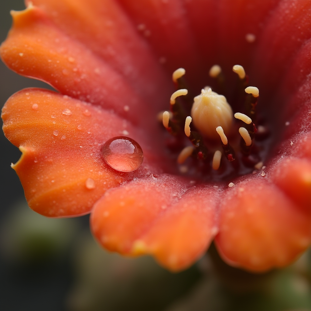 Kwitnąca Lithops optica (Lithops optica) 'Rubra' z kroplą nektaru na płatku. Kadr: makro z głębią ostrości na pręciki i słupki.