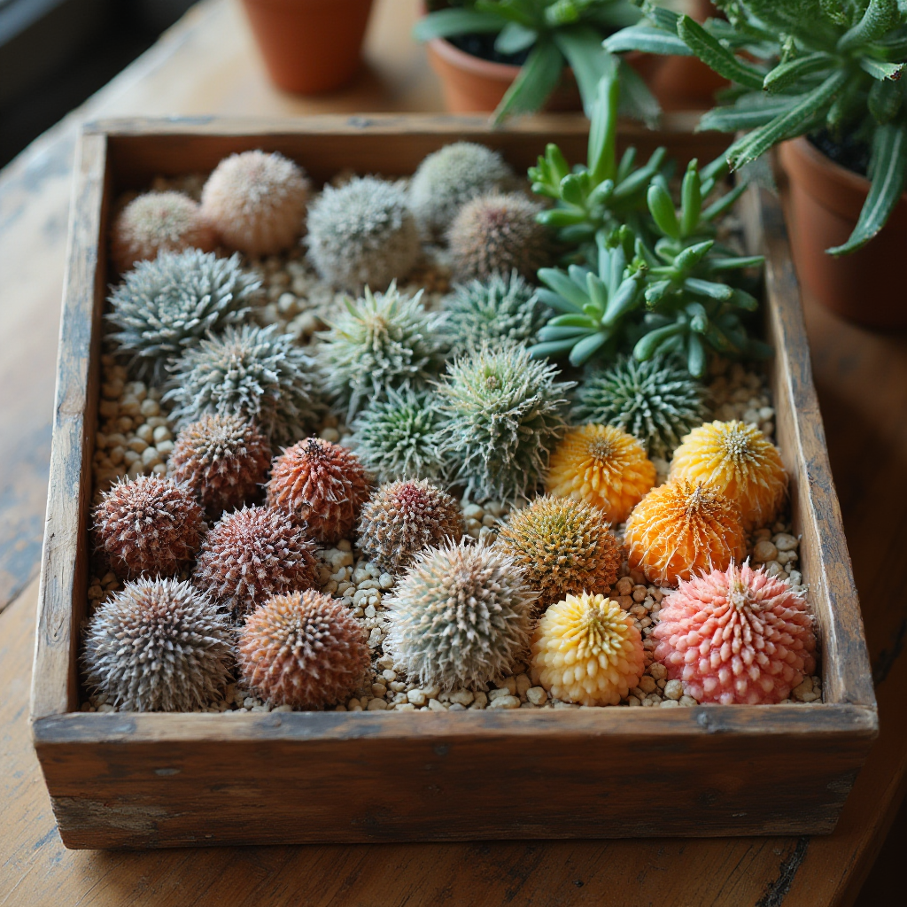 Kolekcja Lithops optica (Lithops optica) w różnych odmianach kolorystycznych. Kadr: kompozycja roślin w drewnianej skrzynce, ustawiona na drewnianym stole.