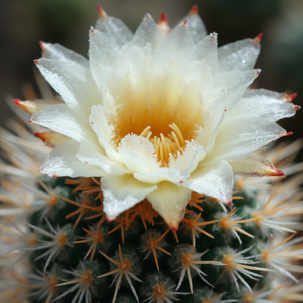 Makro zdjęcie tuberkuli Mammillaria bocasana z delikatnymi, pierzastymi cierniami przypominającymi bawełnę, ostrość na strukturach włoskowatych.