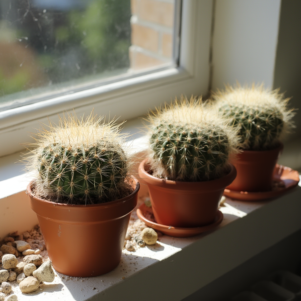 Kompozycja trzech Mammillarii w ceramicznych doniczkach na słonecznym parapecie, w tle widoczne kamienie i piasek jako element dekoracyjny, jasne światło podkreślające fakturę roślin.