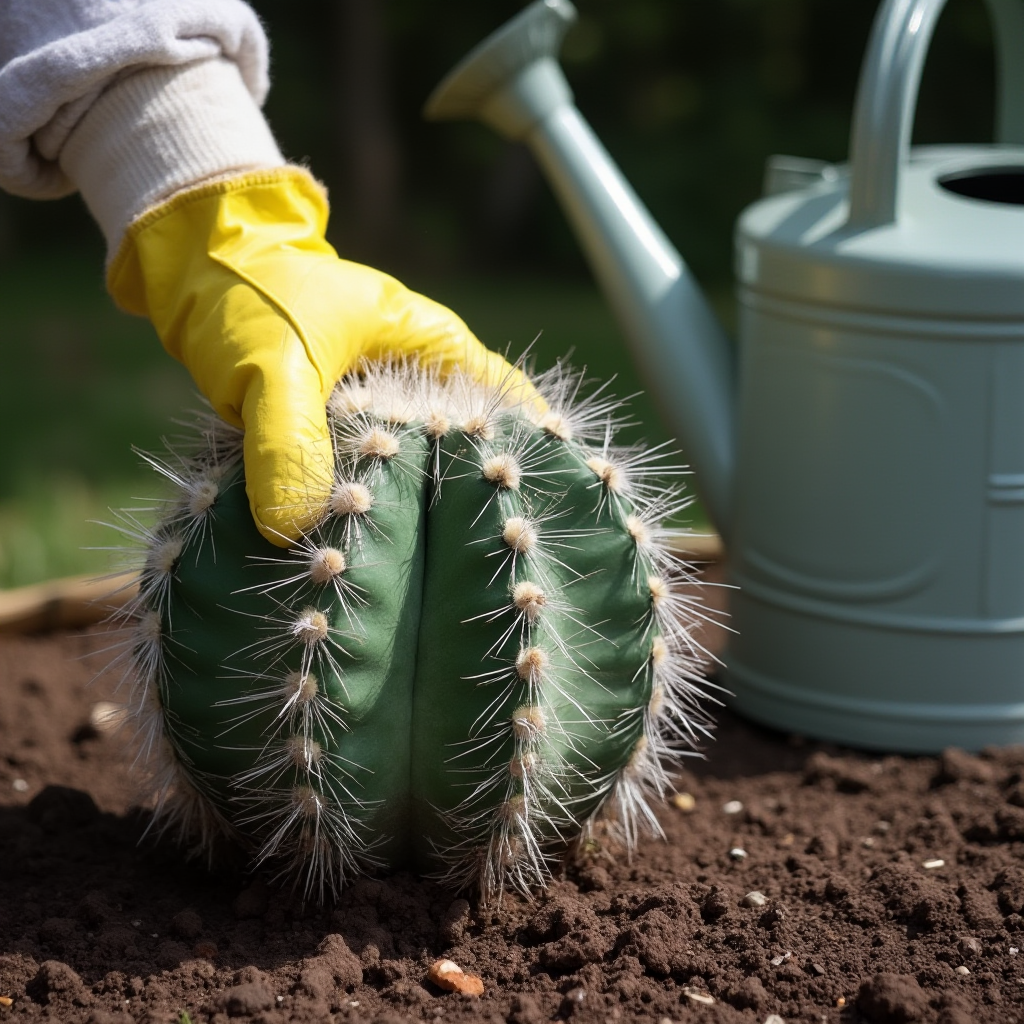 Ręka w rękawiczce ogrodniczej spulchniająca ziemię wokół podstawy Mammillaria ze srebrzystymi cierniami, w tle konewka z wąskim dzióbkiem.