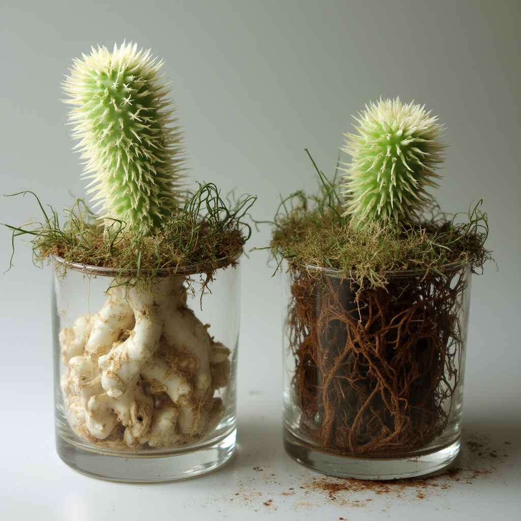 Porównanie korzeni Mammillaria w przezroczystej doniczce (zdrowe, białe korzenie) i w zalanej ziemi (brązowe, zgnite korzenie), widok z boku.