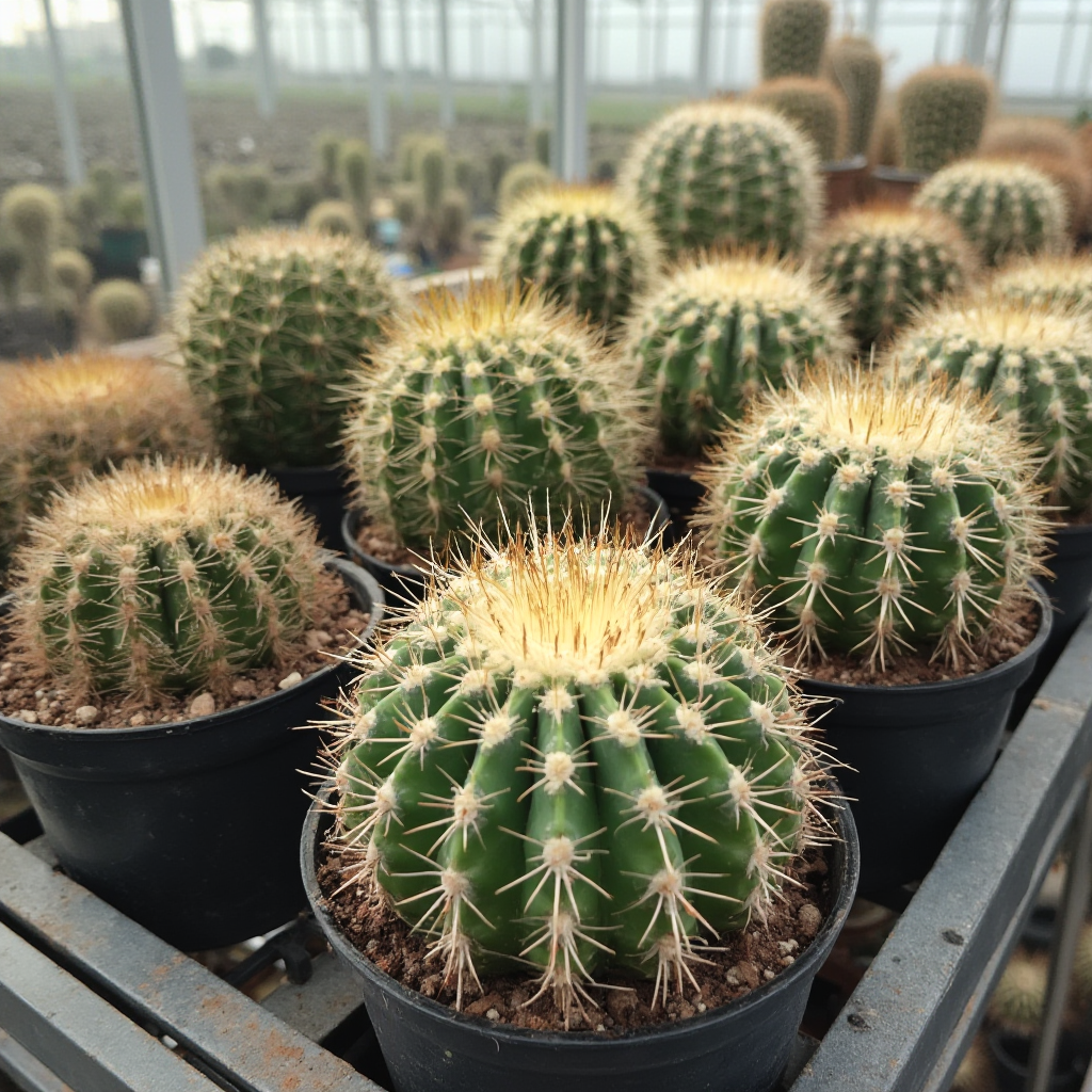 Kolekcja różnych gatunków Mammillaria ustawiona na półce w szklarni, różne kształty i kolory cierni, niektóre kwitnące.
