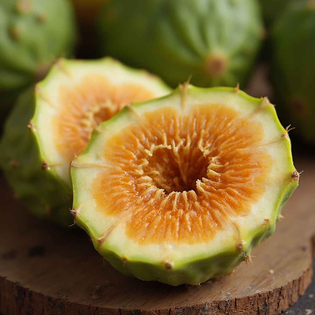 Przekrój owocu Opuncji figowej (Opuntia ficus-indica) ukazujący soczysty miąższ z licznymi nasionami. Kadr: zbliżenie na połówkę owocu leżącą na drewnianej desce