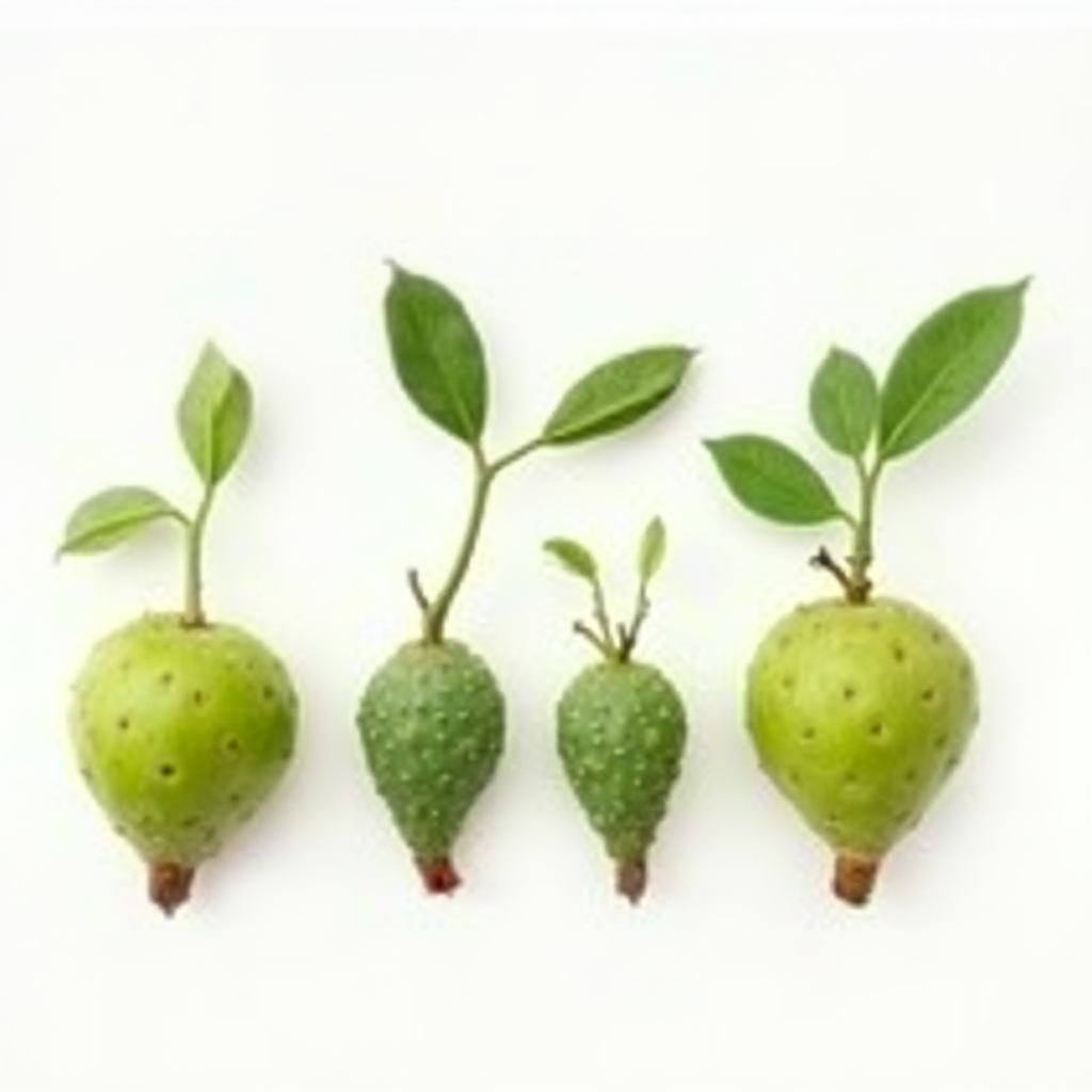 Różne fazy rozwoju Opuncji figowej (Opuntia ficus-indica) – od sadzonki po dojrzały okaz z owocami. Kadr: kompozycja czterech roślin ustawionych obok siebie na białym tle