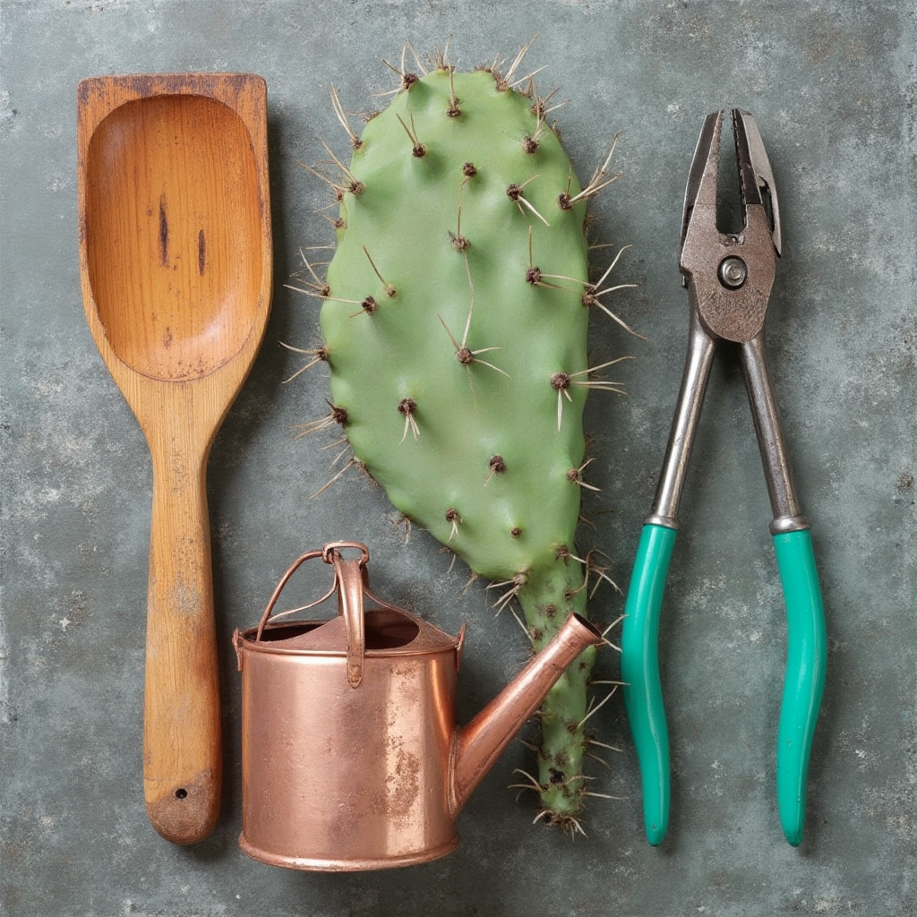Narzędzia do pielęgnacji Opuncji figowej (Opuntia ficus-indica): drewniana łopatka, miedziana konewka, szczypce w kształcie kaktusa. Kadr: kompozycja na szarym kamiennym tle