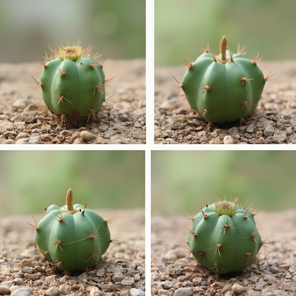 Etapy kiełkowania nasion Opuncji figowej (Opuntia ficus-indica) od ziarenka po siewkę. Kadr: seria czterech zdjęć ułożonych w kwadrat