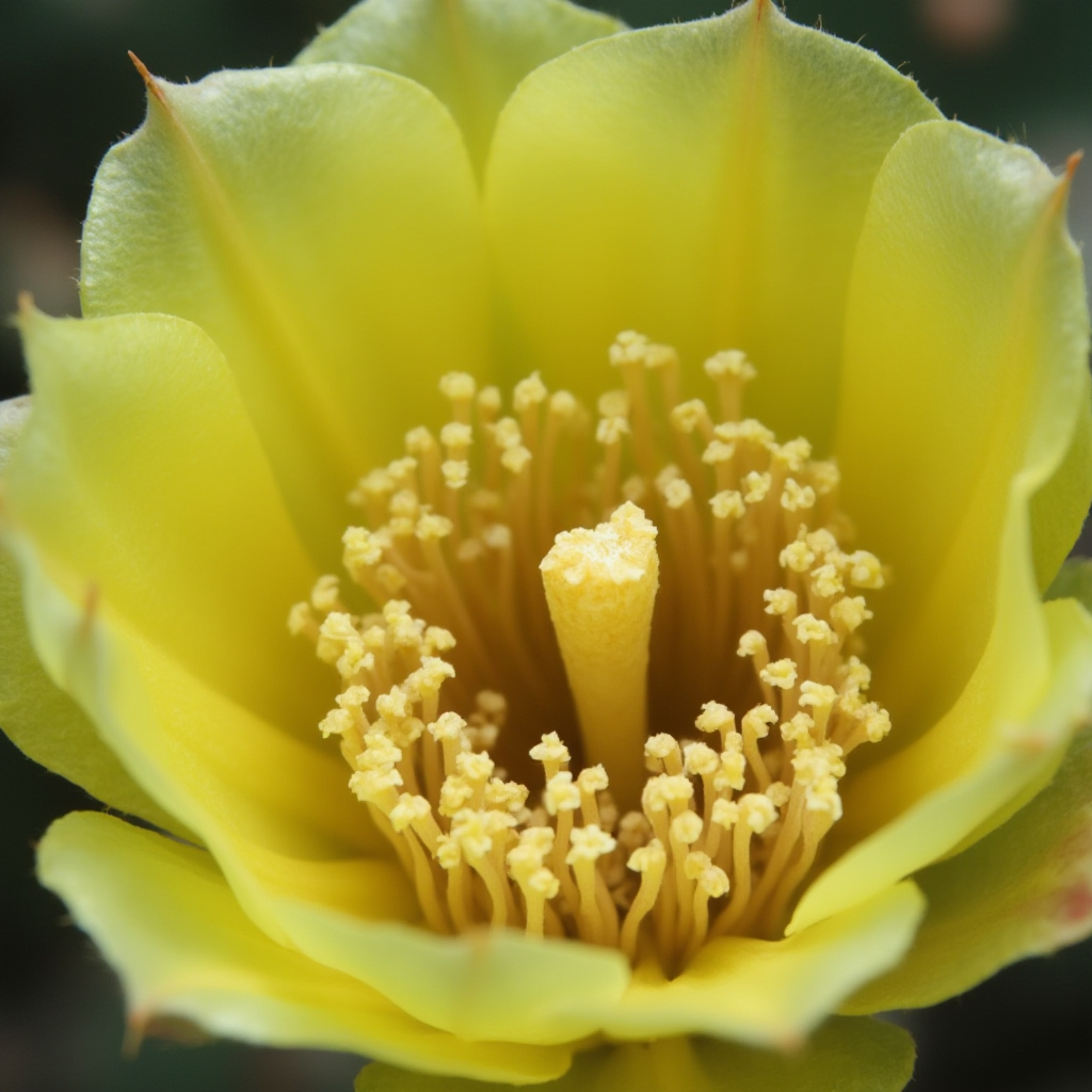Makro zdjęcie kwiatu Opuncji figowej (Opuntia ficus-indica) z widocznymi pylnikami i słupkiem. Kadr: zbliżenie na centralną część kwiatu