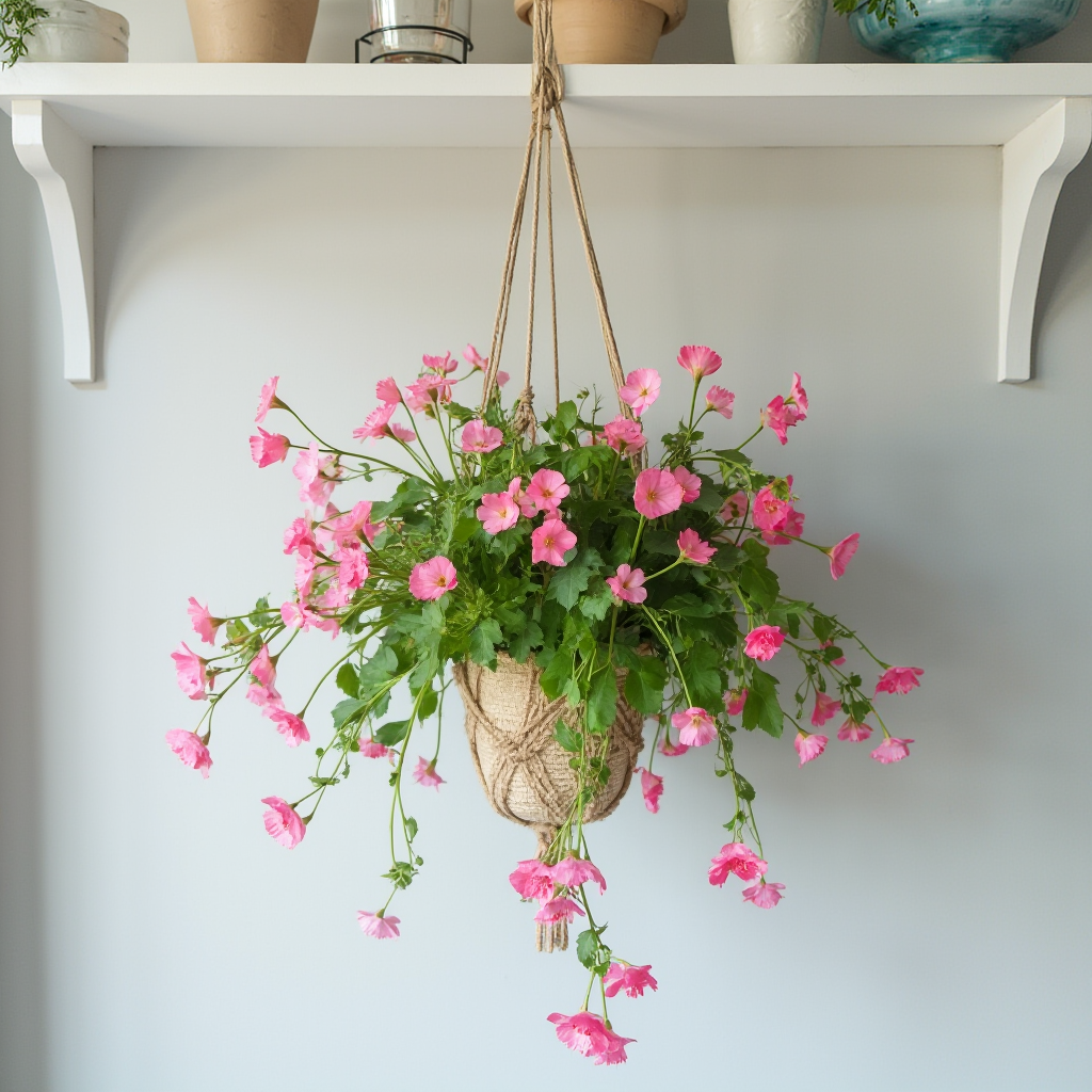 Pelargonia anielica (Pelargonium angel) w wiszącej doniczce makramowej, zwisająca z białej półki na tle jasnoszarej ściany. Kadr ukazuje całą roślinę z wiszącymi pędami pokrytymi kwiatami.