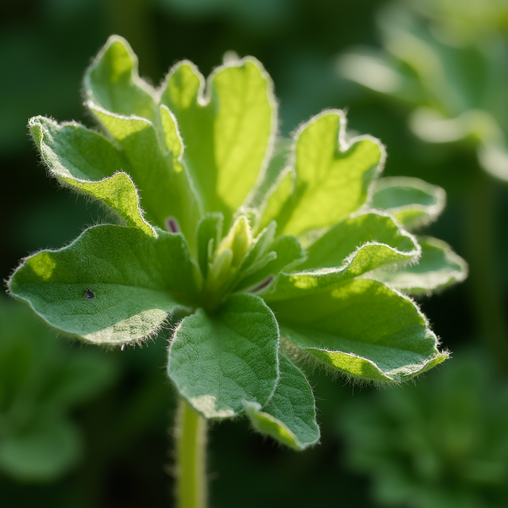 Liście Pelargonii anielica (Pelargonium angel) w zbliżeniu, pokazujące postrzępione brzegi i lekko pomarszczoną powierzchnię. Światło padające z boku uwydatnia delikatne włoski na blaszce liściowej.