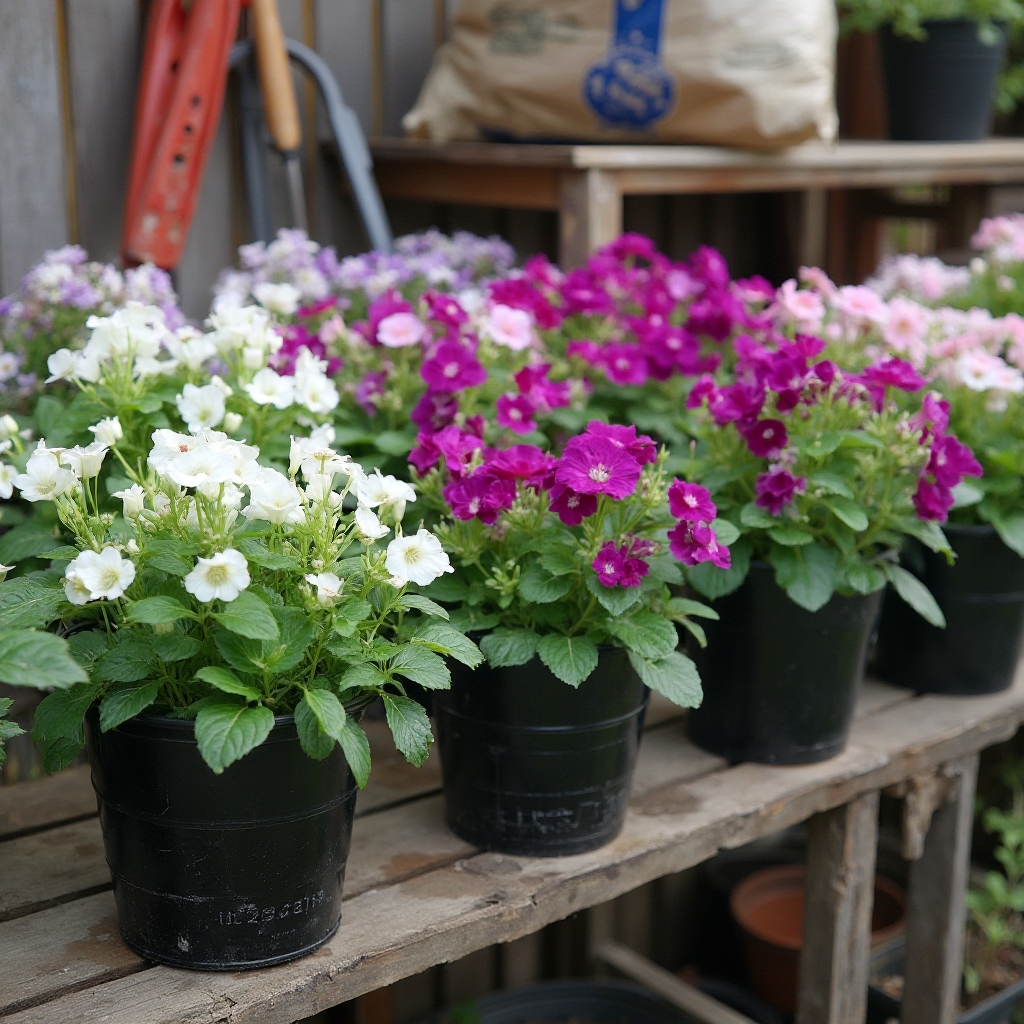 Doniczki z różnymi odmianami Pelargonii bulwiastej (Pelargonium hortorum) ustawione na drewnianych półkach. W tle narzędzia ogrodnicze i worek z ziemią. Kadr ukazuje różnice w kolorach kwiatów – od białych po ciemnofioletowe.