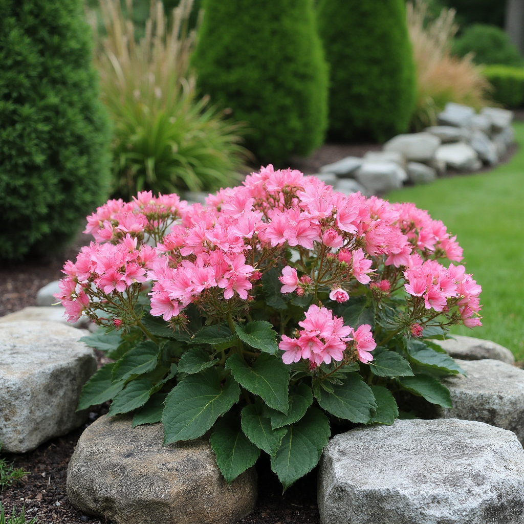 Pelargonia bulwiasta (Pelargonium hortorum) posadzona w gruncie między kamieniami ogrodowymi. Kadr ukazuje różowe kwiaty kontrastujące z szarymi głazami. W tle trawy ozdobne i krzewy bukszpanu.
