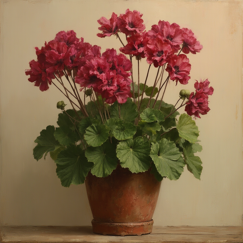 Obraz olejny przedstawiający Pelargonię bulwiastą (Pelargonium hortorum) w wiktoriańskiej donicy. Detaliczne odwzorowanie liści z pierścieniem i aksamitnych kwiatów w kolorze burgundu. Styl: hiperrealistyczny, tło w odcieniach sepii.