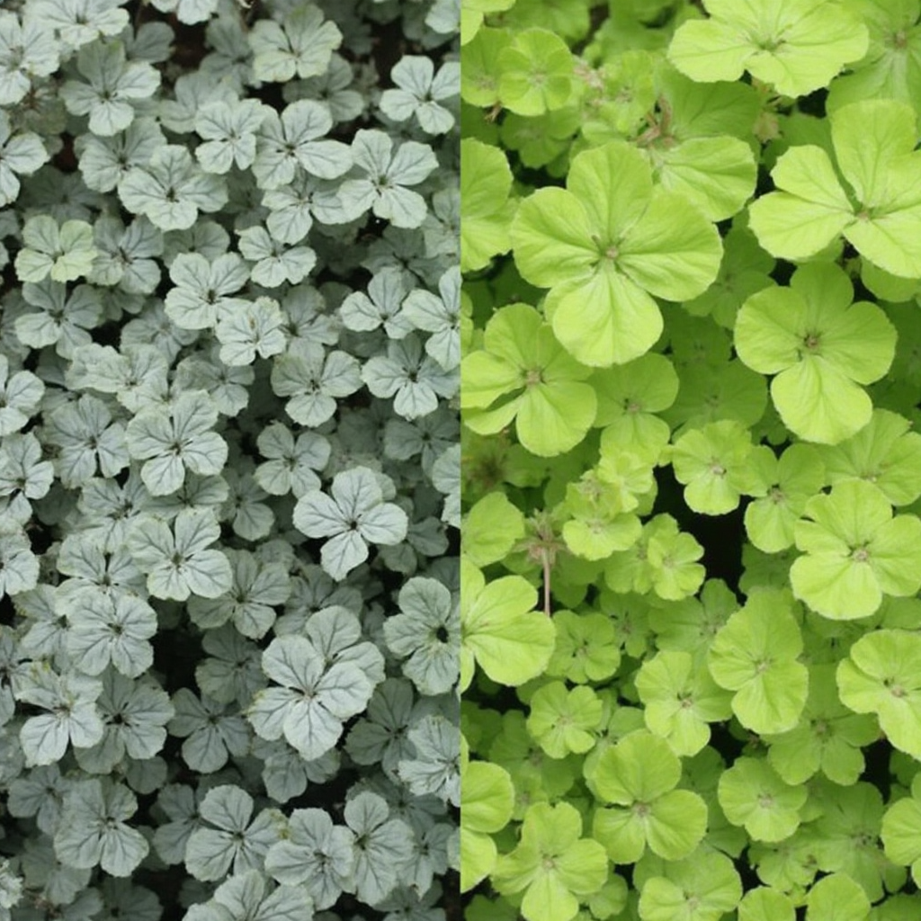 Porównanie liści pelargonii pachnącej (Pelargonium graveolens) rosnącej w słońcu i półcieniu. Kadr podzielony pionowo, po lewej srebrzysto-zielone, zwarte liście, po prawej jaśniejsze i bardziej wiotkie.