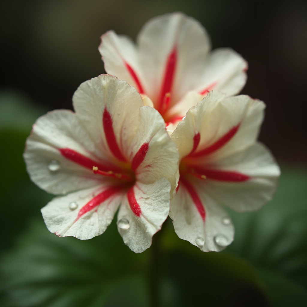 Makrofotografia kwiatostanu Pelargonii szczepionej (Pelargonium cucullatum) ukazująca pojedyncze kwiaty z czerwonymi smugami na płatkach. Tło rozmyte, skupienie na kropli wody na jednym z płatków.