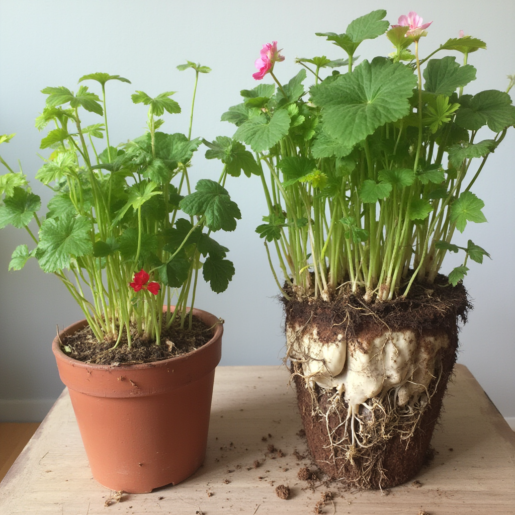 Porównanie systemu korzeniowego Pelargonii szczepionej (Pelargonium cucullatum) w doniczkach o różnych rozmiarach. Widoczne zdrowe, białe korzenie w prawidłowo dobranym pojemniku oraz przerośnięte korzenie w zbyt ciasnej donicy.