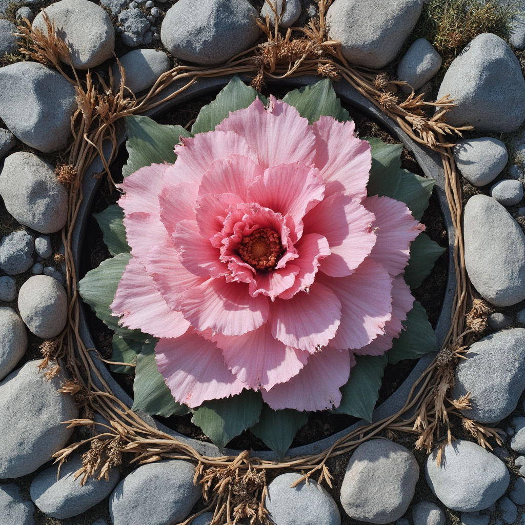 Kompozycja z Pelargonią szczepioną (Pelargonium cucullatum) w centralnym punkcie, otoczoną kamieniami ozdobnymi i suchymi trawami. Kadr z góry, kolorystyka utrzymana w odcieniach szarości i różu.