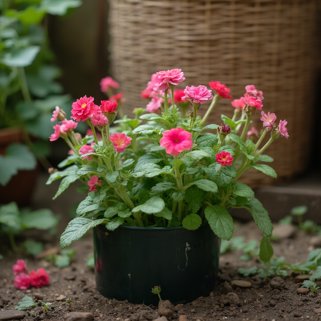 Ekologiczne akcesoria do uprawy Pelargonii zwisającej (Pelargonium peltatum): kompostownik, konewka, naturalny nawóz, wiklinowy kosz w tle
