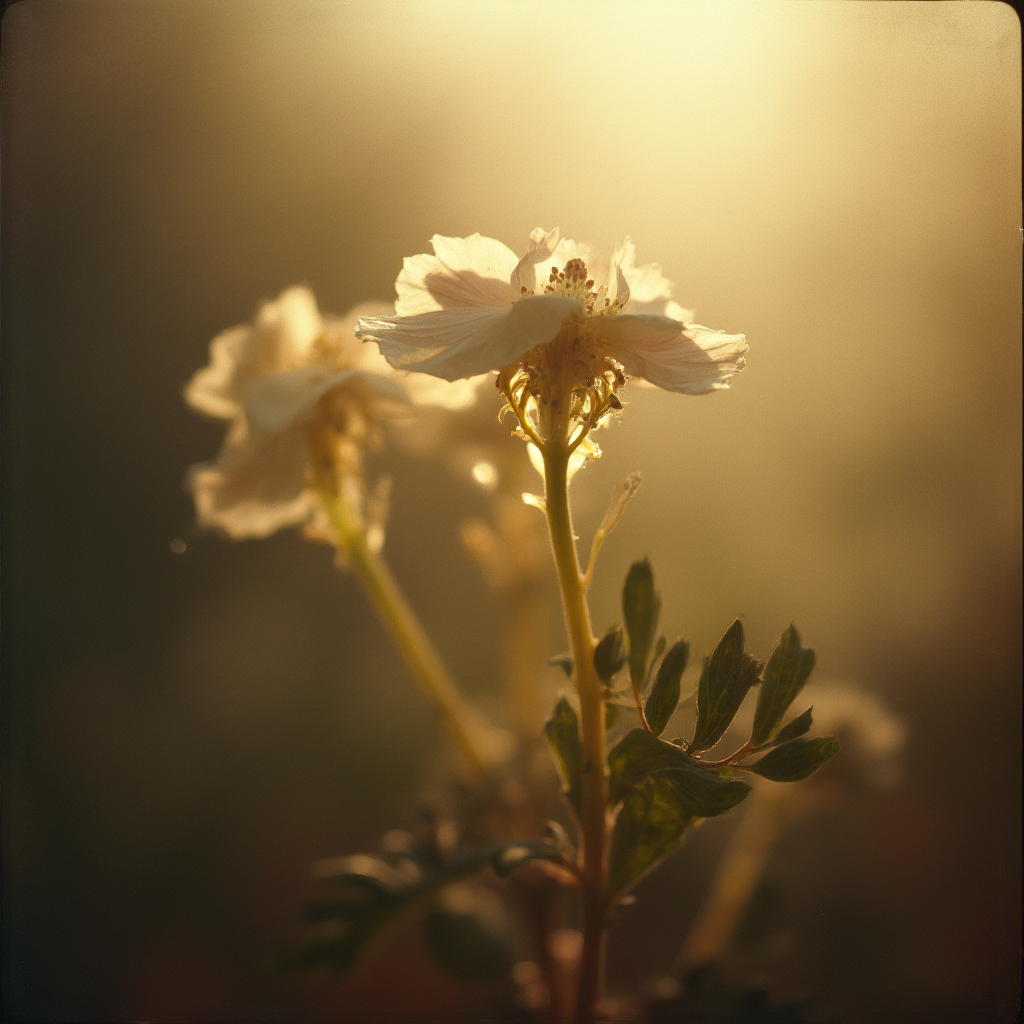 Artystyczne zdjęcie Pelargonii zwisającej (Pelargonium peltatum) w stylu vintage – sepia, rozmyte tło, delikatne światło padające przez liście
