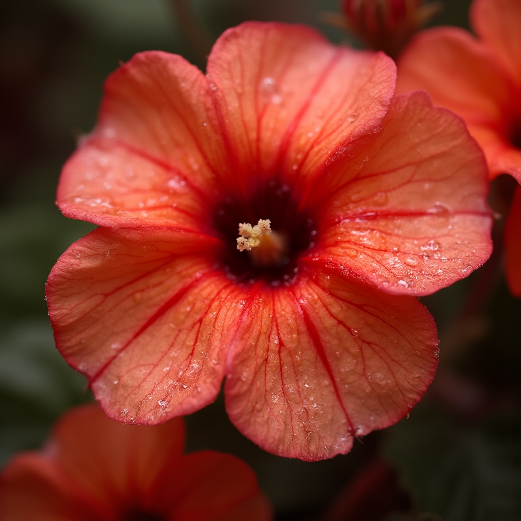 Zbliżenie na kwiatostan Pelargonii zwisającej (Pelargonium peltatum) w kolorze łososiowym, widoczne pojedyncze kwiaty z delikatnym unerwieniem, poranna rosa na płatkach