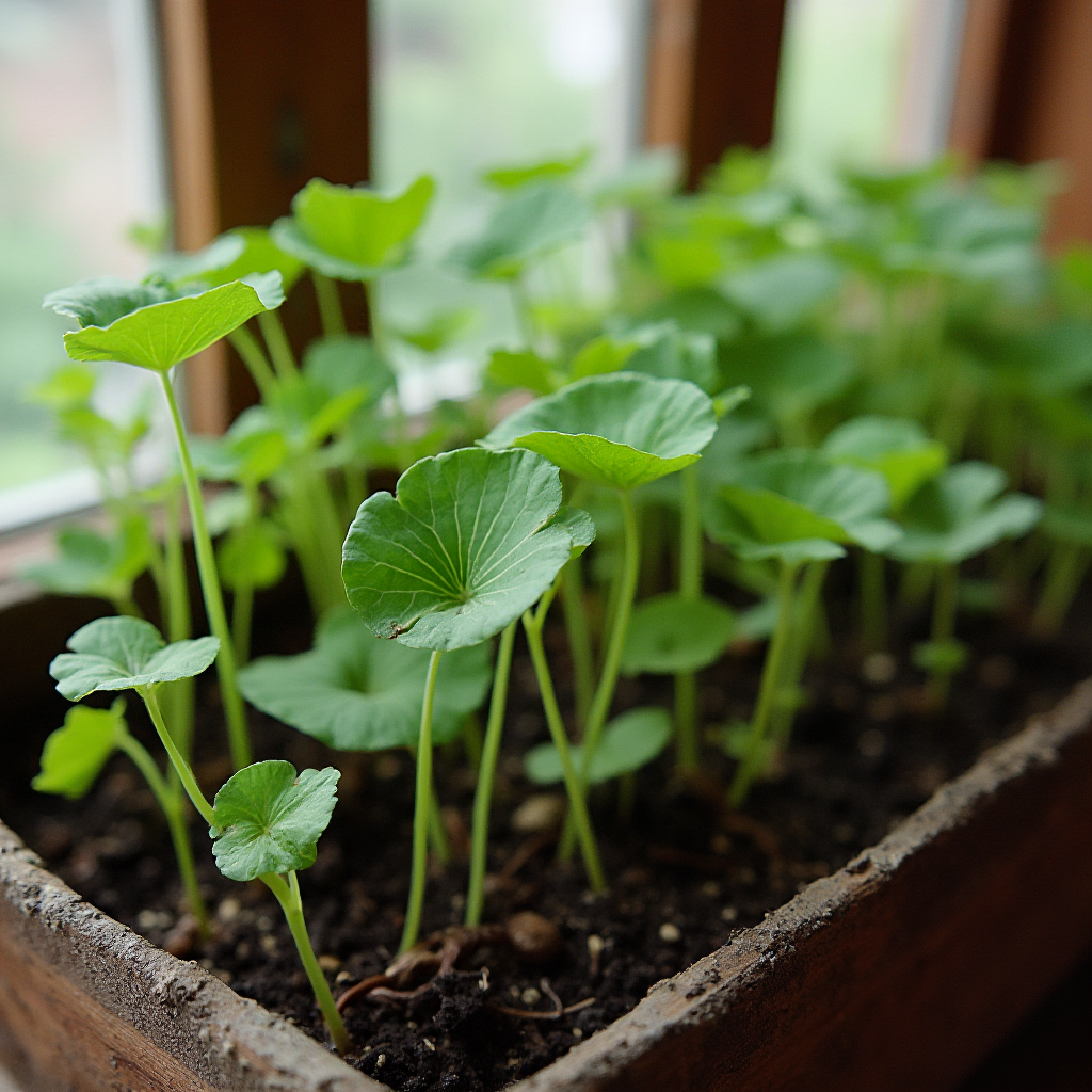 Skrzynka balkonowa z młodymi sadzonkami Pelargonii zwisającej (Pelargonium peltatum), widoczne pierwsze liście i delikatne korzenie, drewniana balustrada w tle