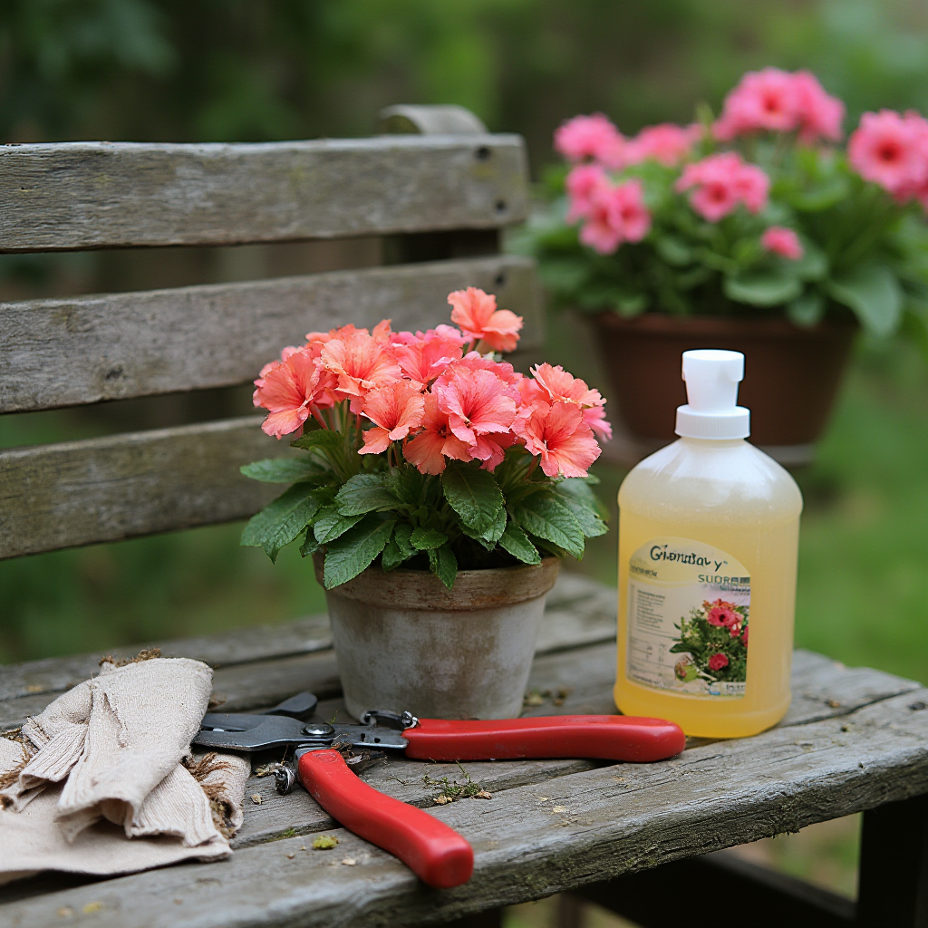 Narzędzia ogrodnicze do pielęgnacji Pelargonii zwisającej (Pelargonium peltatum): sekator, rękawice, nawóz w płynie, drewniana ławka ogrodowa w tle