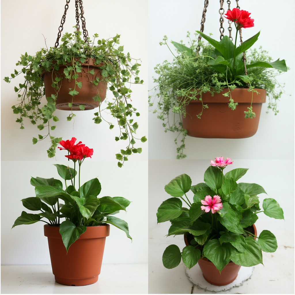 Porównanie różnych typów doniczek dla Pelargonii zwisającej (Pelargonium peltatum): wiszący kosz, skrzynka balkonowa, donica samonawadniająca, widok z góry