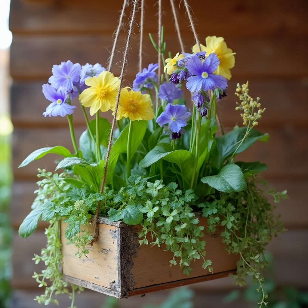 Kompozycja Pelargonii zwisającej (Pelargonium peltatum) z niebieską lobelią i żółtym bidensem w podwieszanej skrzynce, widok z boku, drewniana ściana w tle