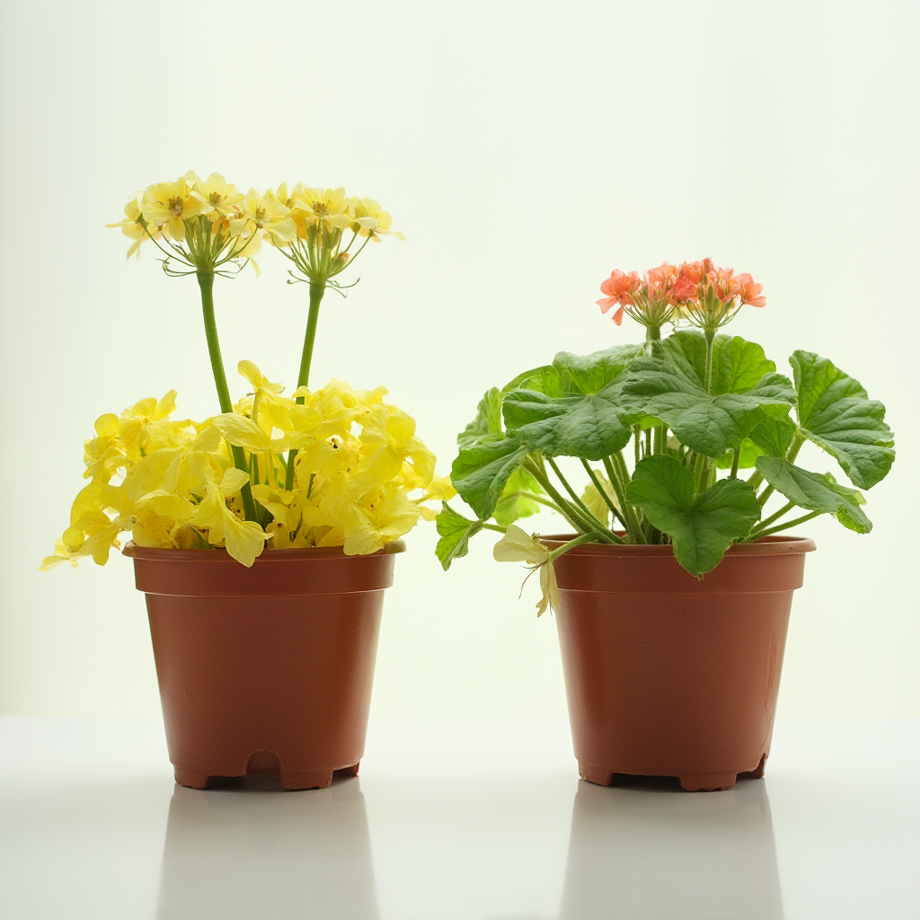 Chora Pelargonia zwisająca (Pelargonium peltatum) z żółtymi liśćmi obok zdrowej rośliny, widoczne różnice w pokroju, jasne tło