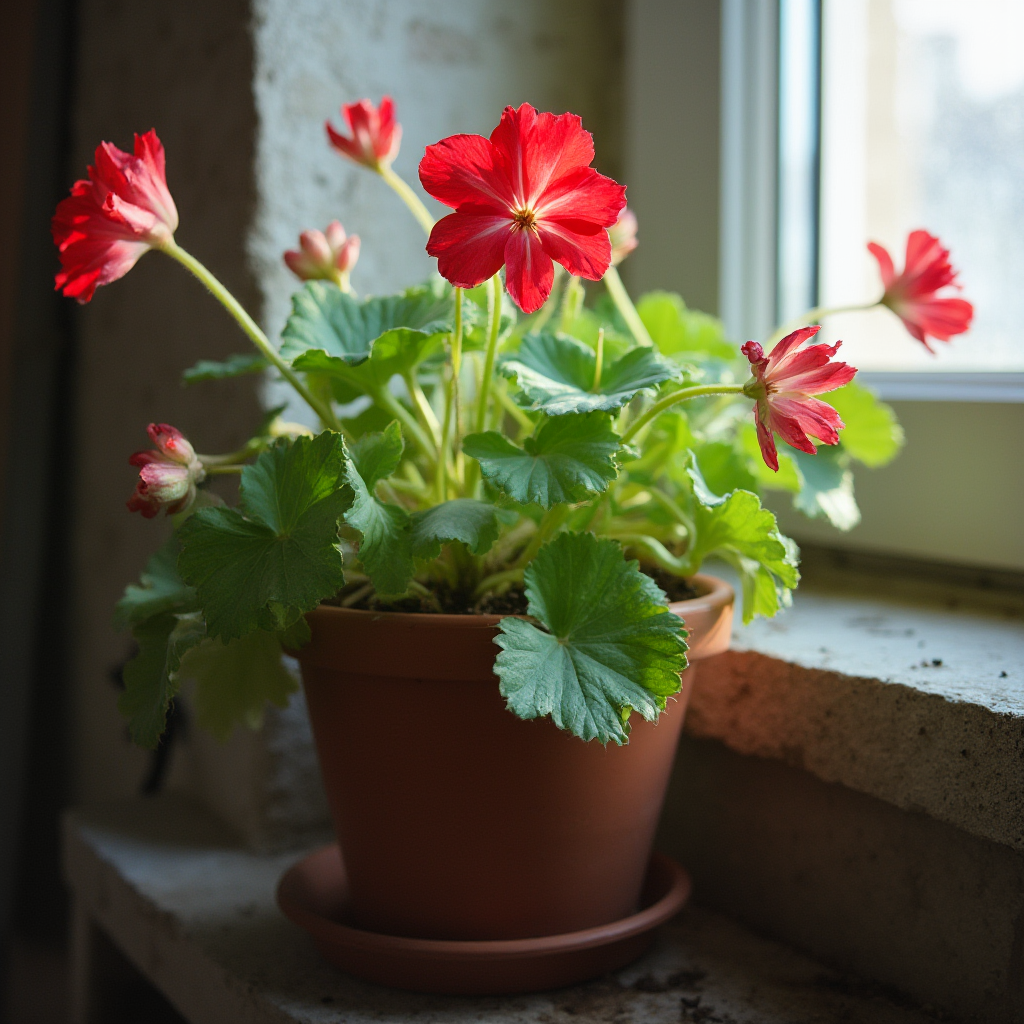 Pelargonia zwisająca (Pelargonium peltatum) w zimowej kwaterze – doniczka na półce w jasnej piwnicy, przycięte pędy, widok z boku