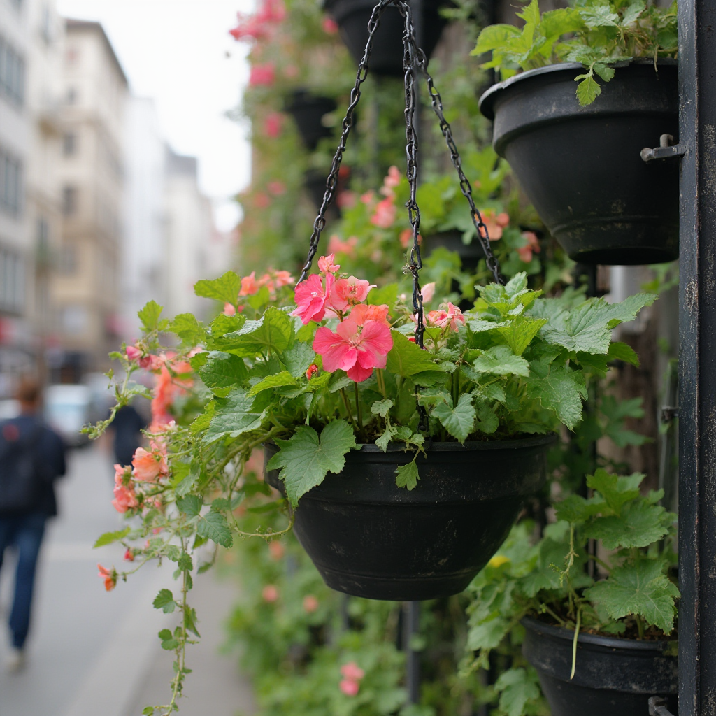 Pelargonia zwisająca (Pelargonium peltatum) w pionowej instalacji ogrodowej – metalowa konstrukcja z kieszeniami roślinnymi, miejskie otoczenie