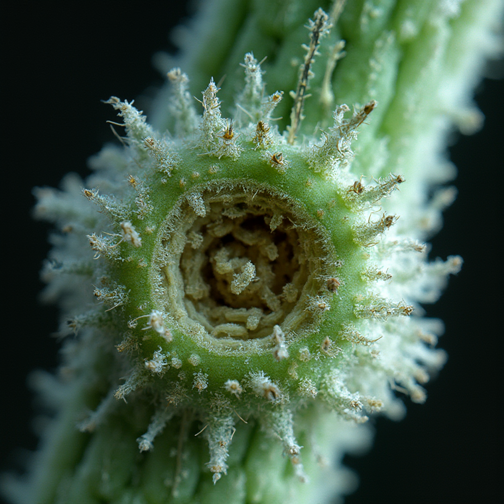 Makro zdjęcie pędu Ripsalis pilocarpa pokrytego srebrzystymi włoskami, widoczne mikroskopijne areole z zarodkami korzeni przybyszowych, ostry focus na przekroju łodygi ukazującym miąższ wodny