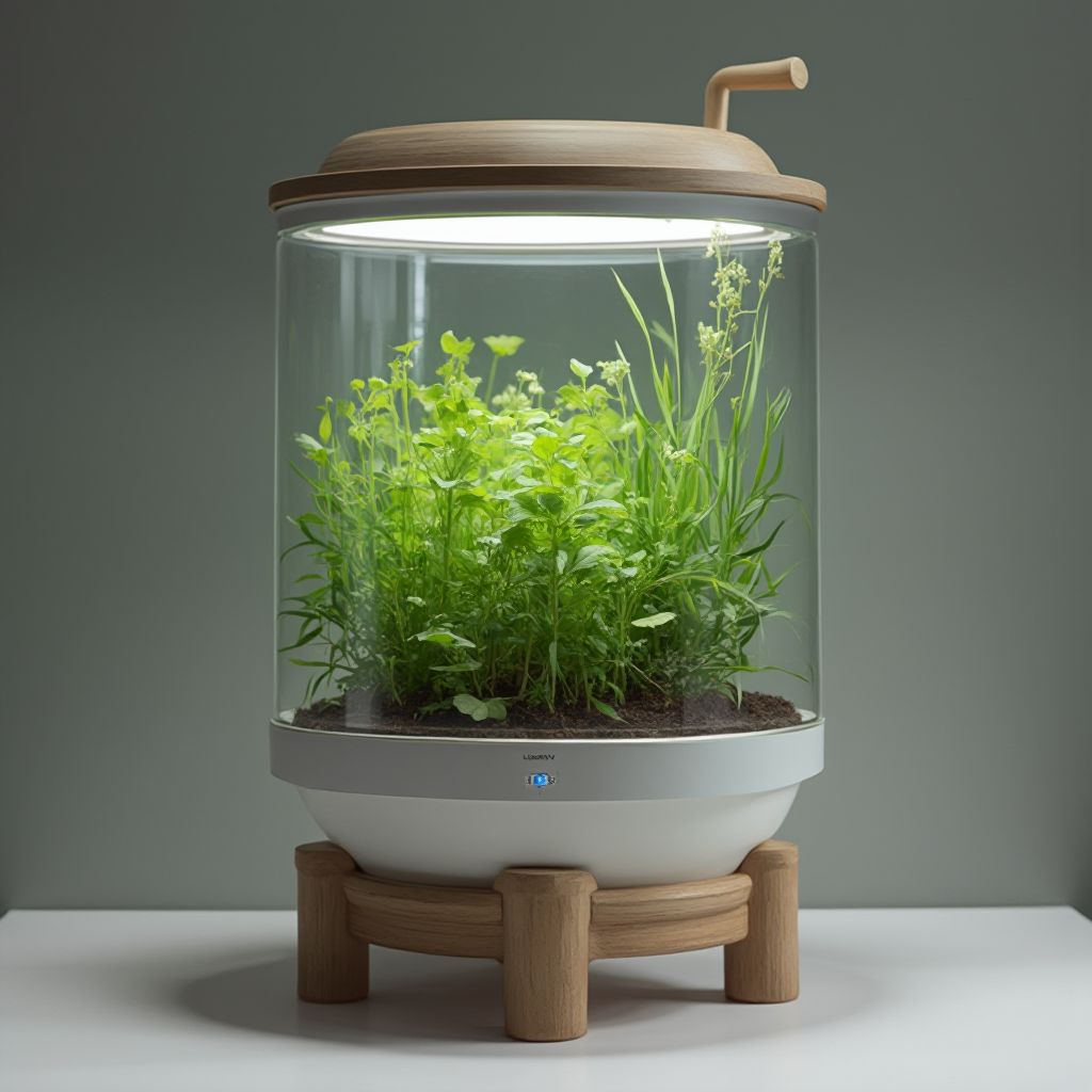 Nowoczesny zestaw do uprawy Ripsalis: ceramiczne naczynie z podwójnymi ściankami, wskaźnik wilgotności gleby, drewniana podstawka z wbudowanym nawilżaczem, skandynawskie tło w odcieniach szarości