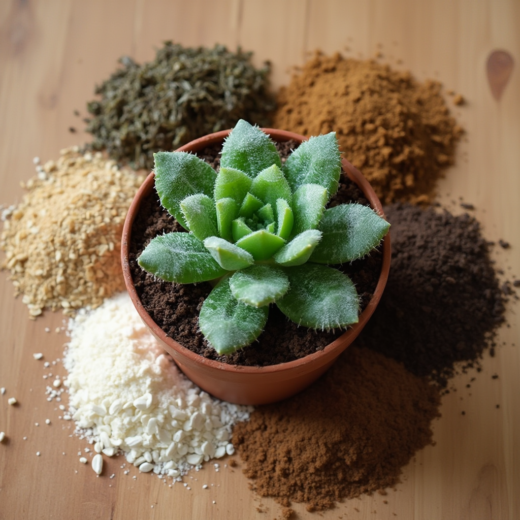 Doniczka z Rhipsalis elliptica otoczona naturalnymi nawozami: suszone wodorosty, skorupki jaj, fusy kawowe, kora dębu korkowego ułożona na drewnianym tle