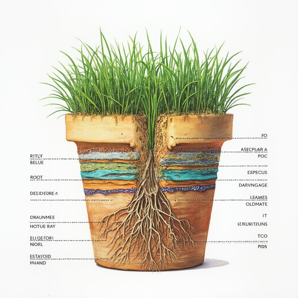 Schemat przekroju doniczki dla Ripsalis: warstwy drenażowe oznaczone kolorystycznie, system korzeniowy oplatający podłoże, infografika w stylu line art