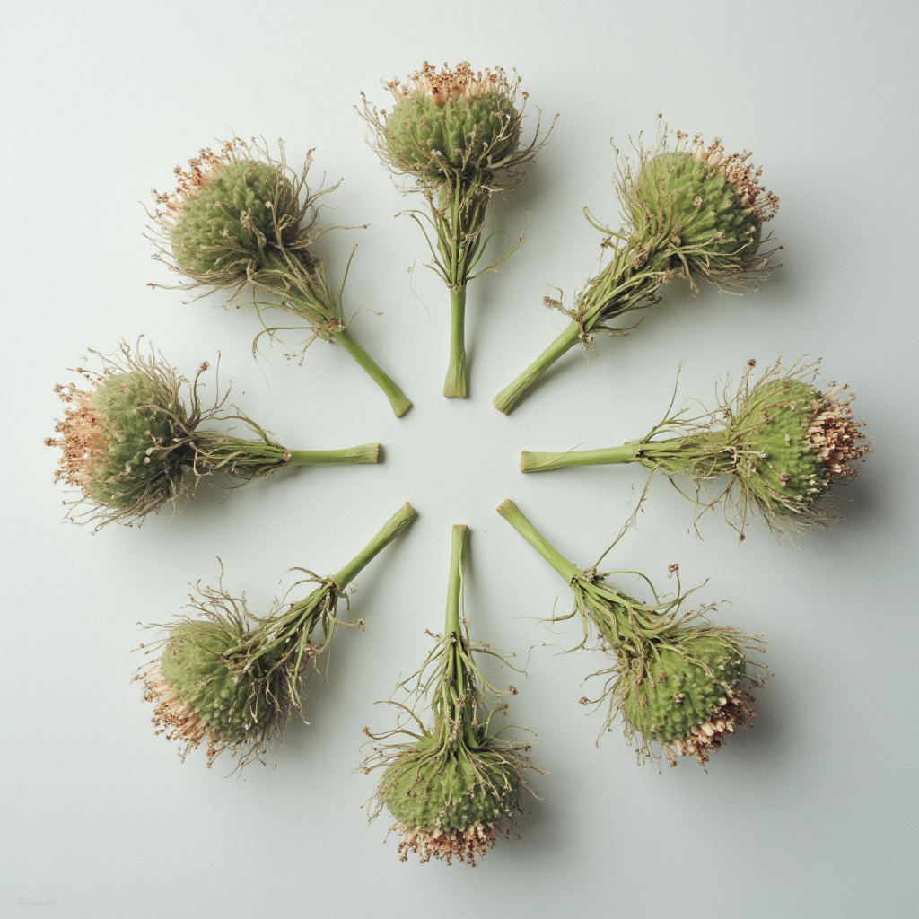 Kolaż ośmiu gatunków Rhipsalis ułożonych w kole, widoczne różnice w wyglądzie pędów, kwiatów i fakturze, minimalistyczne szare tło