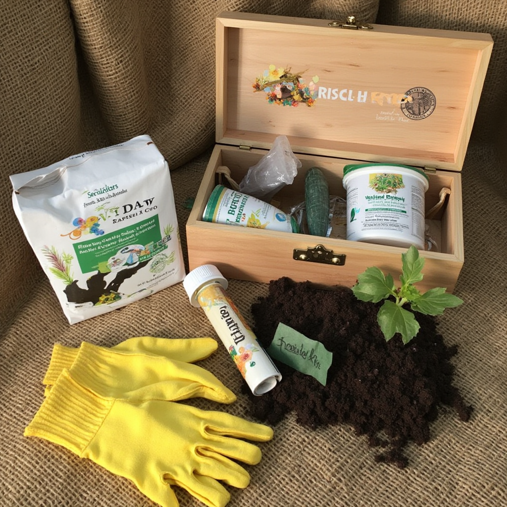 Zestaw do ratowania Ripsalis: drewniana skrzynka z narzędziami, naturalne preparaty owadobójcze, ziemia do przesadzania, rękawice ogrodnicze na jutowym tle