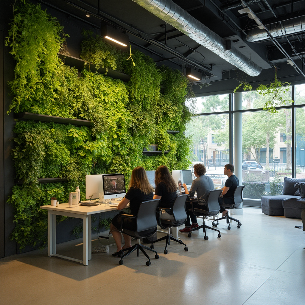 Open space biurowy z zieloną ścianą z Rhipsalis, pędy spływające z półek dzielących przestrzeń, pracownicy przy stołach, nowoczesne oświetlenie LED