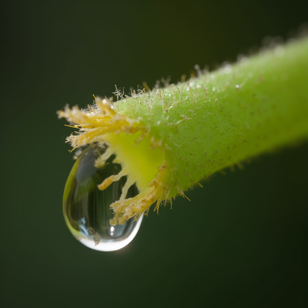 Makro fotografii kropli mlecznego soku na uszkodzonym pędzie Euphorbia lactea, światło boczne podkreślające lepką teksturę