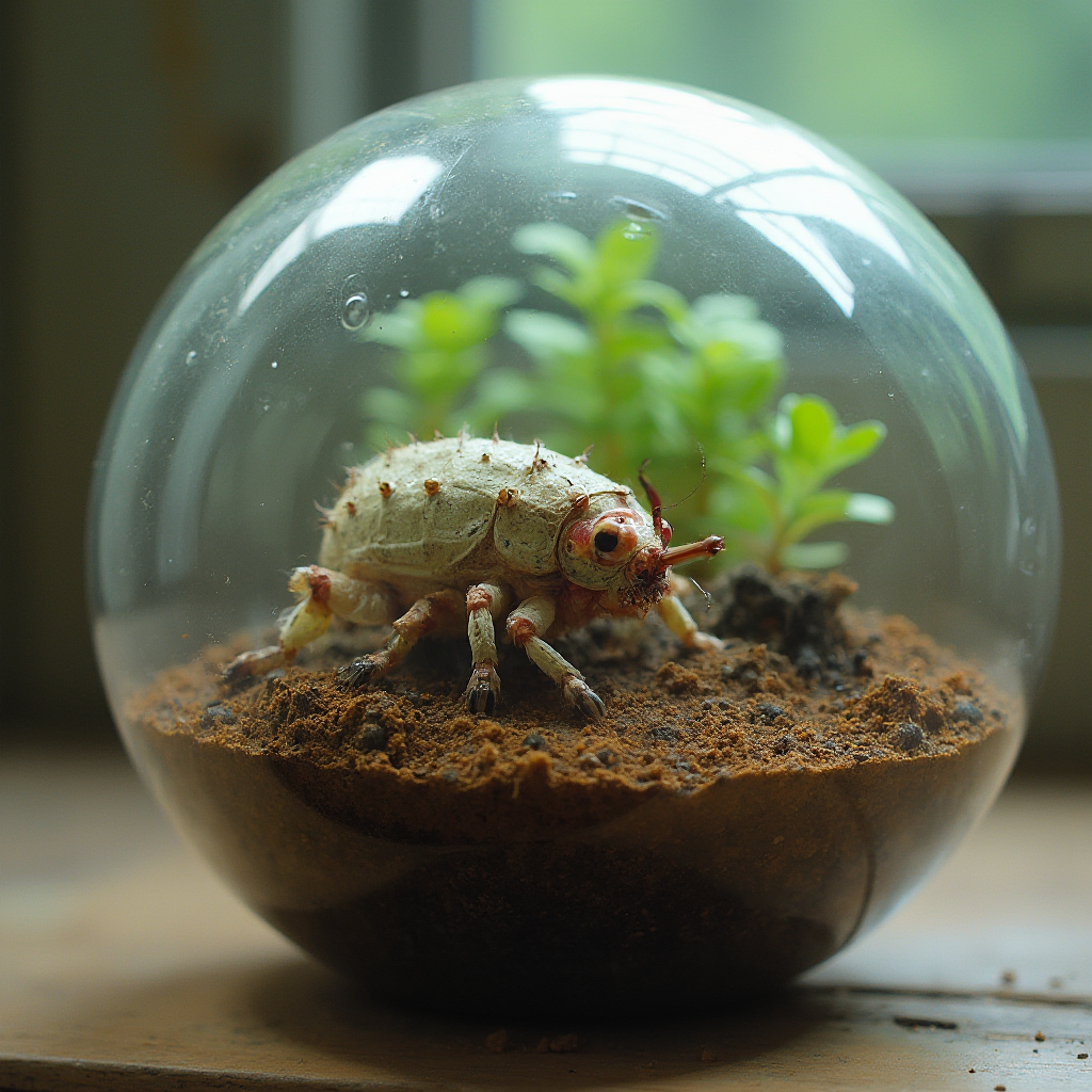 Wilczomlecz grzebieniasty w szklanej kuli terrarium z warstwą drenażu z keramzytu, widoczne korzenie poprzez przezroczyste ścianki