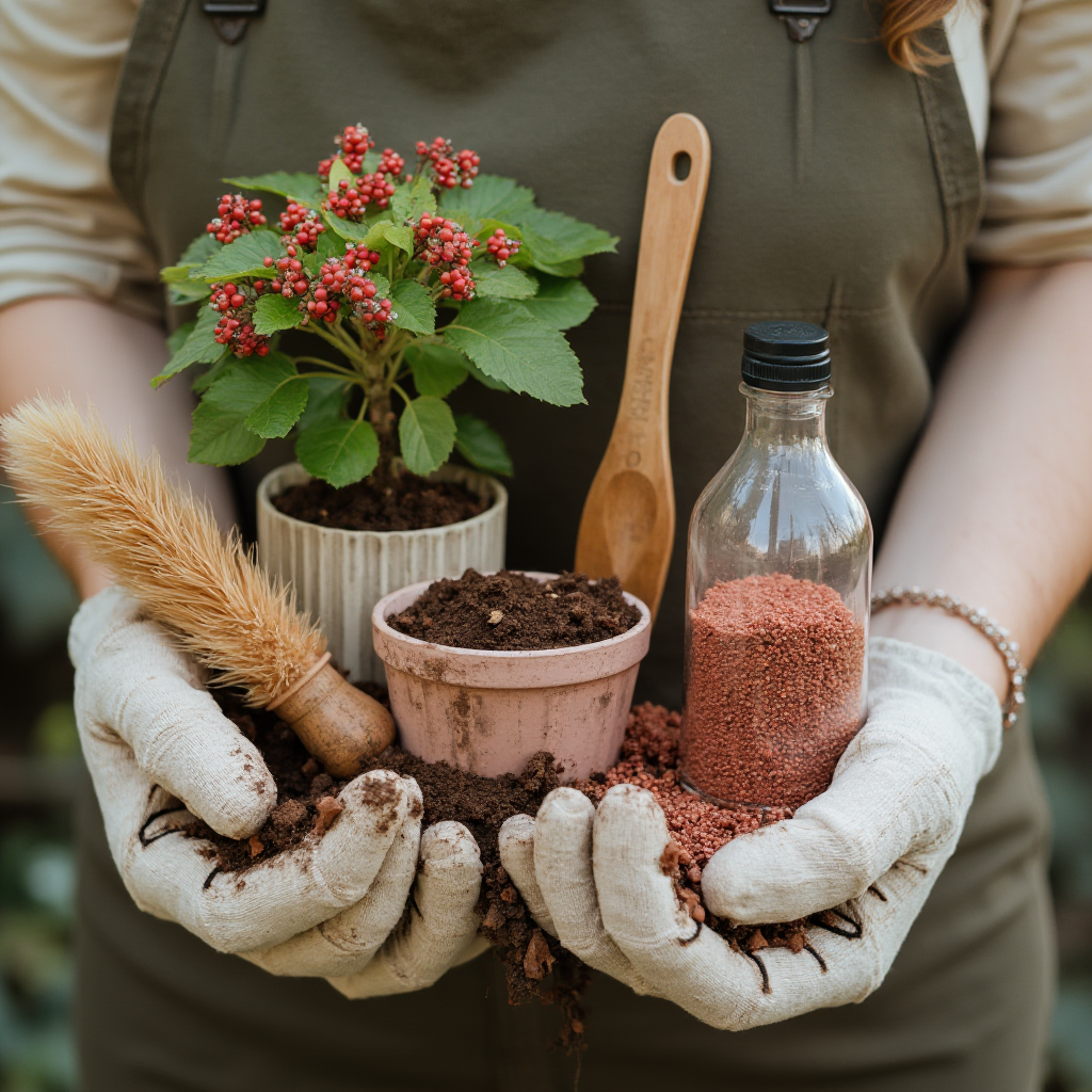 Zestaw do pielęgnacji wilczomlecza: drewniana pęseta, miękki pędzelek, miedziany nawóz w szklanej butelce, rękawice ogrodnicze