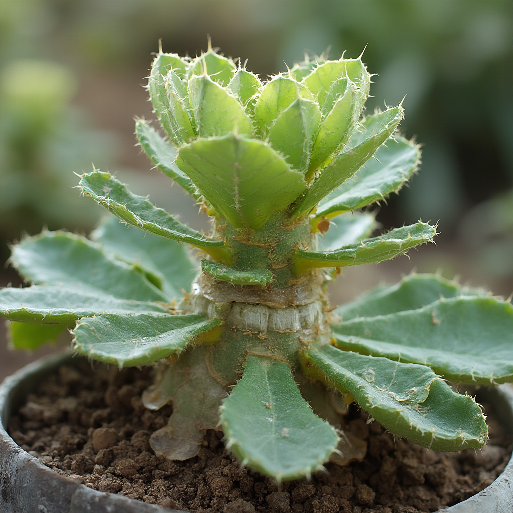 Szczepiona forma Euphorbia lactea Cristata na podkładce z Euphorbia neriifolia, widoczne miejsce szczepienia owinięte parafilmem